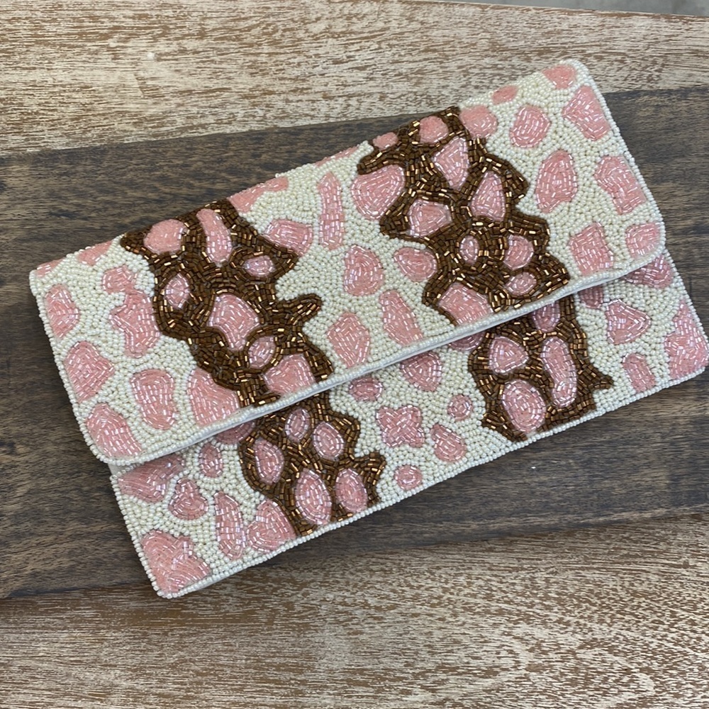 Beaded Pink and Cream Clutch Wallet - Elegant Floral Pattern